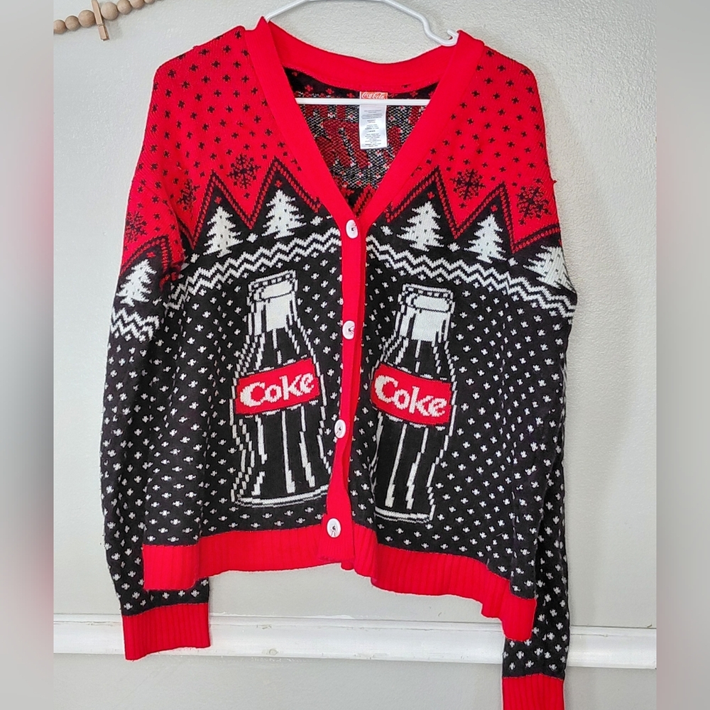 CocaCola Ugly Christmas Sweater Cardigan V-neck Polar Bears Coke Bottles- Used